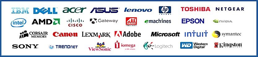 Brand logos: IBM, Dell, Acer, ASUS, Lenovo, HP, Toshiba, Netgear, Intel, AMD, Cisco, Gateway, ATI Radeon, eMachines, Epson, NVIDIA, Corsair Memory, Canon, Lexmark, Adobe, Microsoft, Intuit, Symantec, Sony, TRENDnet, ViewSonic, iomega, Logitech, Western Digital, Kingston