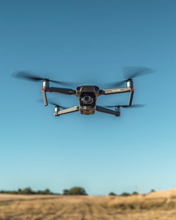 Commercial drone flying over farmland